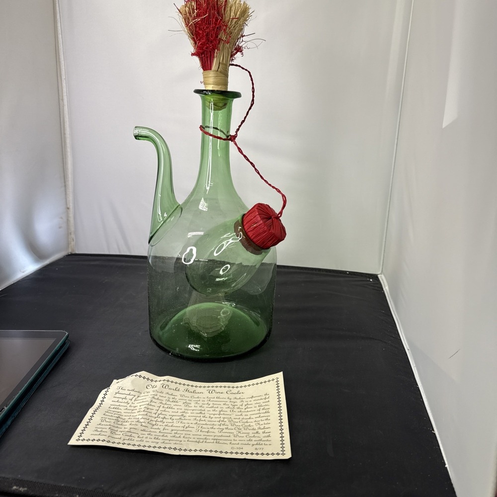 Vintage Large Hand Blown Green Glass Italian Wine Decanter with Ice Chamber